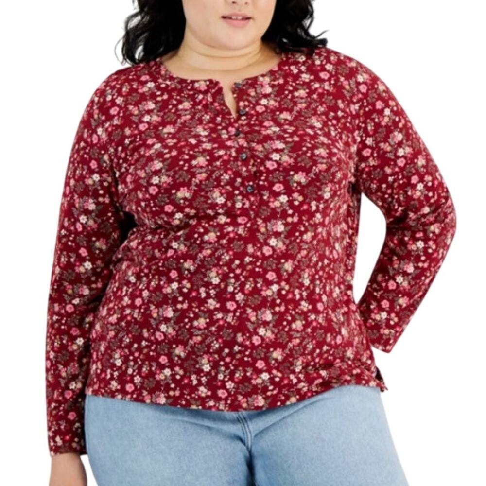 Style & Co 1X Womens Buttoned Long Sleeve Top Scarlet Allover Floral Plus Size